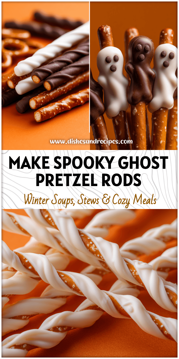 White chocolate ghost pretzel rods decorated as fun Halloween Pretzel Sticks on an orange background.